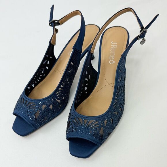 J. Renee ARATA Navy Blue Sparkle Laser Cutout Lace Mesh Open Toe Slingback Heels - Picture 8 of 16